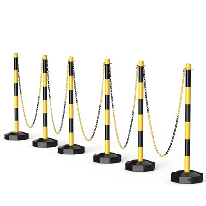6 Pack Traffic Delineator Post Cones with Fillable Base & 5Ft Chain - color: Yellow+Black