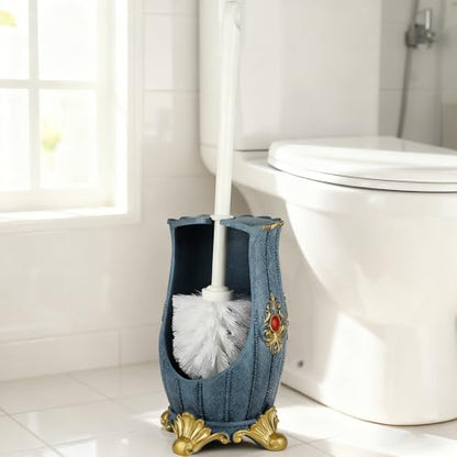 Vintage Toilet Brush Holder Set for Bathroom, Baroque Stylish Toilet Cleaning Brush and Holder with Wide-Mouth Storage Heavy Solid Base (Blue & Gold)