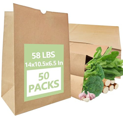 50 Pack Paper Kraft Paper Bags,58 Lbs Heavy Duty Large Grocery Brown Bag,14x10.5x6.5 Inch Bags for Storage,Take out,Shopping,Sacks - size: 1 Count (Pack of 50)