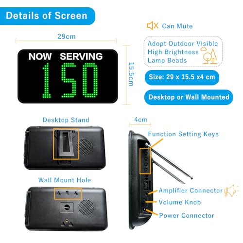 Take a Number Machine Queue Wireless Calling System for Customers with 1 Dot-Matrix Display Show Now Serving Number 2 Waterproof Next Call Button 1 Green Ticket Dispenser