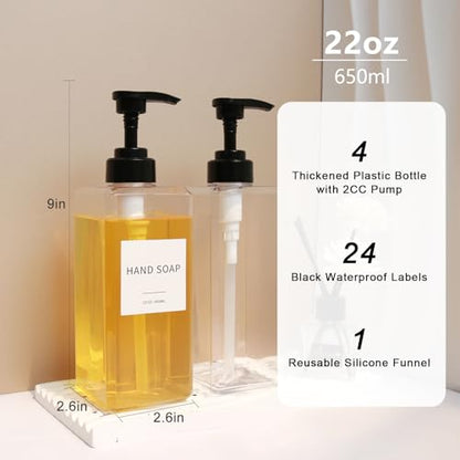 Clear Soap Dispenser with Waterproof Labels, Thickened Plastic Hand Soap Dispenser for Bathroom, Kitchen Dish Washing Liquid Bottles, Shampoo and Conditioner Bottles with Funnel (22oz 4Pack Clear) - color: 22oz 4pack Clear