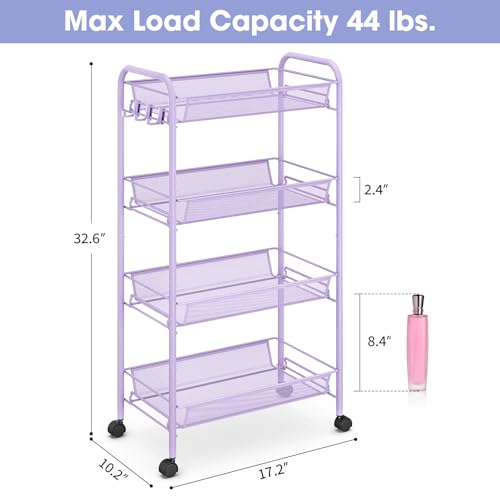 TOOLF 4 Tier Rolling Cart, Metal Utility Storage Cart with Wheels, Purple - color: Purple, size: 4-Tier