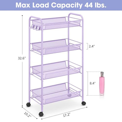 TOOLF 4 Tier Rolling Cart, Metal Utility Storage Cart with Wheels, Purple - color: Purple, size: 4-Tier