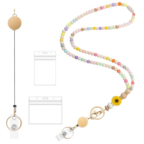 Retractable Lanyard for ID Badges and Keys, Beaded Teacher Lanyard for Women, Nurse Badge Lanyard with ID Holder - color: Yellow Daisy