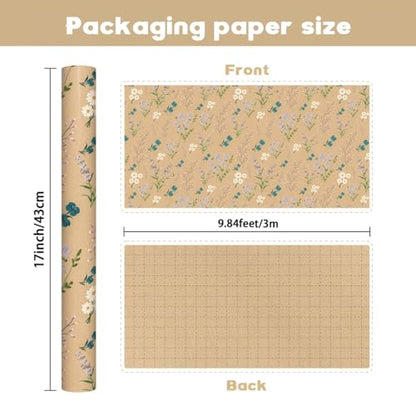 BBUP Wildflower Floral Wrapping Paper – Vintage Botanical Kraft Gift Wrap Roll for Wedding, Bridal Shower, Birthday & DIY Crafts (17 Inches x 9.84 Feet)