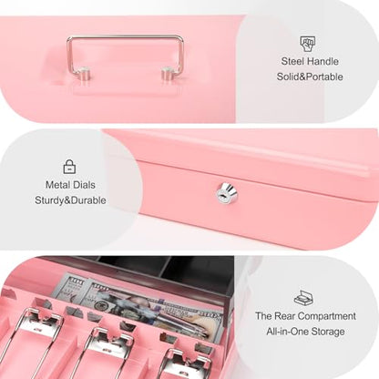 Jssmst Metal Cash Box with Money Tray and Lock, Portable Cash Drawer, 11.8" - color: Pink Key-C