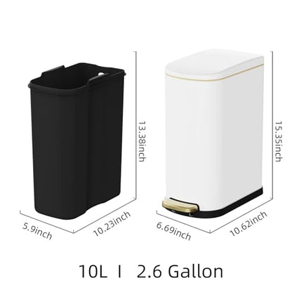 KSSKSS 2.6 Gallon Slim Bathroom Trash Can with Soft Close Lid, 10L Stainless Steel Garbage Can with Removable Liner Bucket, for Narrow Spaces, Bathroom, Bedroom (White) - color: White-Style 2