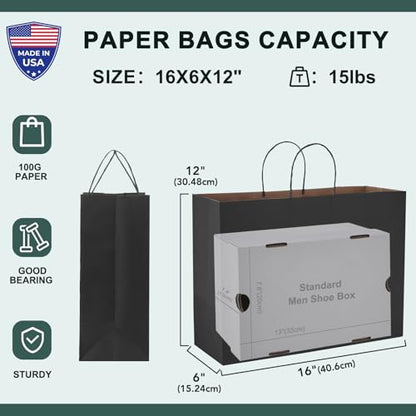 METRONIC Large Black Paper Bags With Handles 16x6x12 Inch 100 Pack, - color: Black, size: 1 Count (Pack of 100)