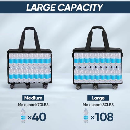 BALEINE Reusable Grocery Bag on Wheels, Foldable Rolling Tote Bag - color: Black- Wide, size: Medium