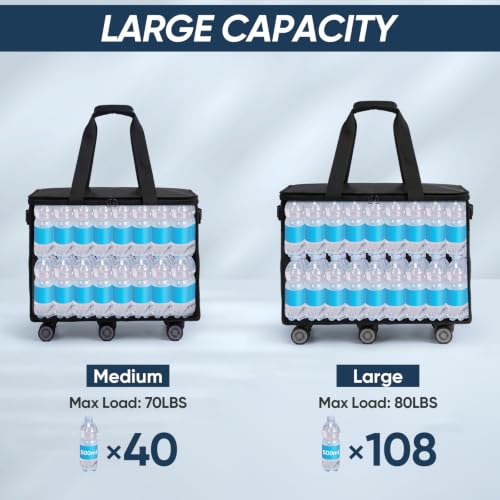 BALEINE Reusable Grocery Bag on Wheels, Foldable Rolling Tote Bag - color: Black- Wide, size: Large