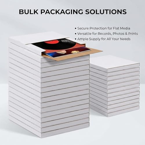 50 Pack Vinyl Record Shipping Boxes: 12.5" X 12.5" x 1" White Vinyl Record LP Shipping Mailer Boxes, Easy Fold LP Cardboard Mailing Boxes Multi Depth Album Mailers for Packaging Moving Storage