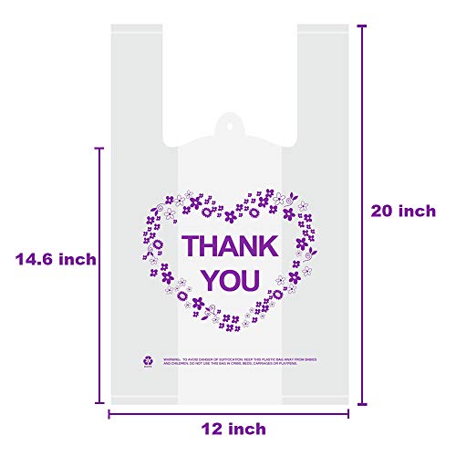 LazyMe Thank You T Shirt Bags, White Plastic Grocery Bags with Handles, Standard Supermarket Size, 12 x 20 inch (100 PCS)