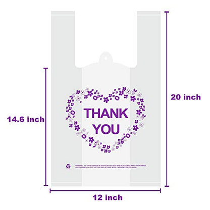 LazyMe Thank You T Shirt Bags, White Plastic Grocery Bags with Handles, Standard Supermarket Size, 12 x 20 inch (100 PCS)