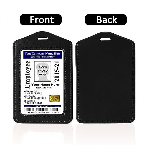 Larpur Pack of 2 Genuine Leather Badge Holders with 1 Clear ID Window, Vertical ID Card Holders for Work, School, Exhibition, Black - color: 1 Side Clear - Black Vertical