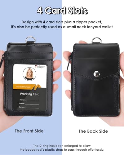 Teskyer Leather ID Badge Holder with Lanyard, Lanyard Wallet, Black (Pack of 2) - color: Black, size: 3.1" x 4.7" (Pack of 2)