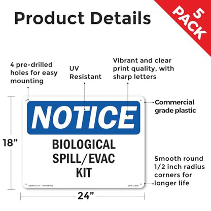 Biological Spill Evac Kit OSHA Notice Rigid Plastic Sign 24 Inch x 18 Inch - 5 Pack - color: Plastic, size: 5 Pack of 24" x 18"