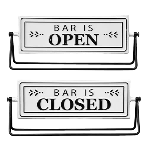 Swivel Bar is Open Closed Sign, Handmade Metal Tabletop Decor for Kitchen or Office Coffee Bar Decor with Black Stand and Embossed Letters