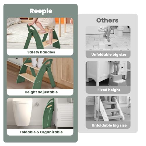 Step Stool for Toddlers, Foldable Wooden 2 Step Stool, Toddler Step Stool for Bathroom Sink & Potty Training, Kitchen Helper with Handles and Non-Slip Pads(Dark Green) - color: Dark Green