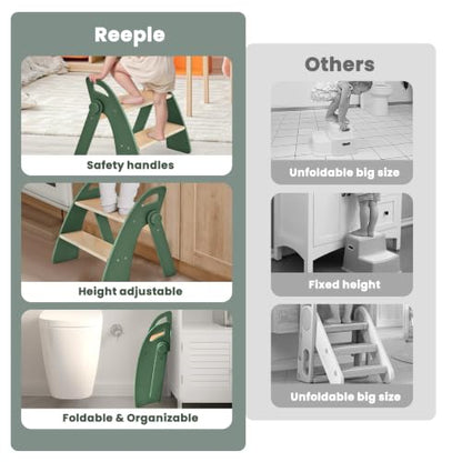 Step Stool for Toddlers, Foldable Wooden 2 Step Stool, Toddler Step Stool for Bathroom Sink & Potty Training, Kitchen Helper with Handles and Non-Slip Pads(Dark Green) - color: Dark Green