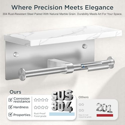 FORIOUS Double Marble Toilet Paper Holder with Phone Shelf, Commercial - color: Brushed Nickel, size: Double Roll