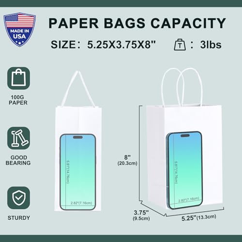 METRONIC Gift Bags 5.25x3.75x8 100Pcs, White Paper Bags with Handles Bulk - color: White, size: 1 Count (Pack of 100)