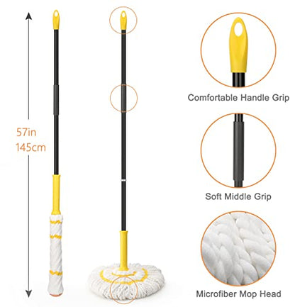Self-Wringing Twist Mop with 1 Extra Refill, 57" Long Handle, Yellow - color: Yellow (1 Handle & 2 Mop Heads)