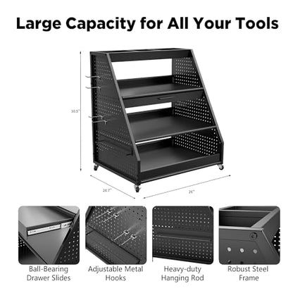 4-Tier Heavy Duty Rolling Tool Cart with Pegboard & Sliding Tray, 440 LBS Load Capacity Steel Utility Cart on Lockable Wheels, Mobile Tool Storage Organizer for Mechanic, Garage, Workshop, Black