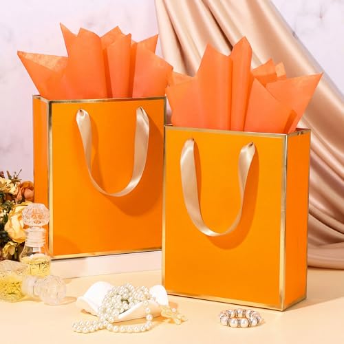 Yeaqee 50 Pcs Metallic Paepr Gift Bags Bulk with Handles,Orange - color: Orange