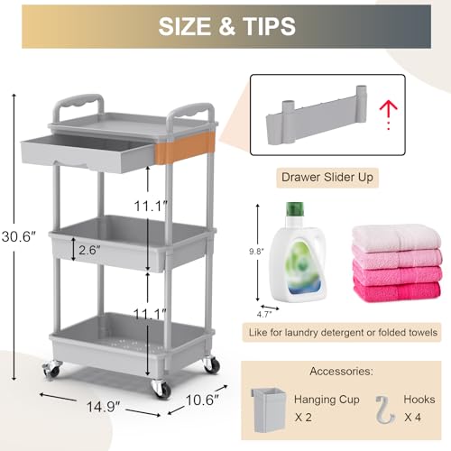 Goovilla 3 Tier Rolling Utility Cart Organizer with Removable Drawer, Grey - size: 3 Tier, style: Gray