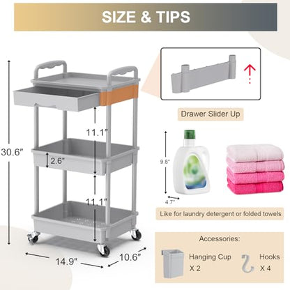 Goovilla 3 Tier Rolling Utility Cart Organizer with Removable Drawer, Grey - size: 3 Tier, style: Gray