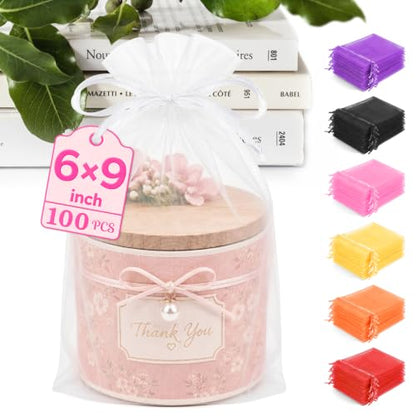 ANZNKU 100PCS Organza Bags 6x9, White Small Mesh Gift Bags Drawstring Bulk - color: White