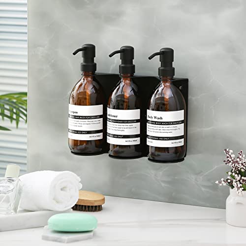 Glass No-Drill Wall Mounted Shower Soap/Hand Soap Dispenser with Adjustable Stainless Steel Holder for Bathroom and Kitchen-(Black 3 Chamber) - color: Stainless Steel
