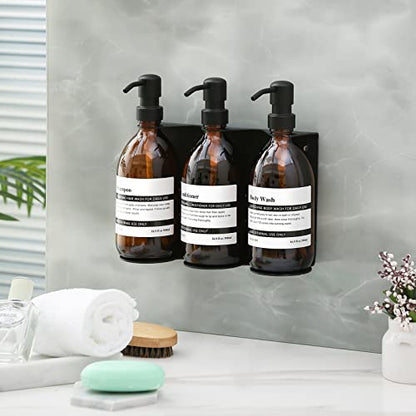 Glass No-Drill Wall Mounted Shower Soap/Hand Soap Dispenser with Adjustable Stainless Steel Holder for Bathroom and Kitchen-(Black 3 Chamber) - color: Stainless Steel