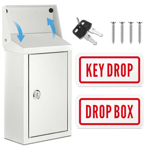 Yaocom Metal Key Drop Box with Lock, 2 Keys for Cash Donation Secure, White - color: White