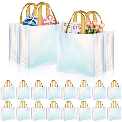 Lyellfe 20 Pieces Glossy Reusable Grocery Bag, Blue Gift Bag with Handle