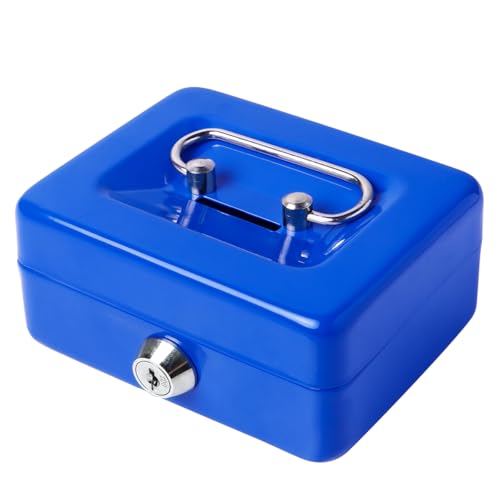 Jssmst Small Cash Box with Lock and Slot, Metal Coin Piggy Bank for Adults and Kids, Blue Locking Money Box - color: Blue, size: XS(4.92")-slot