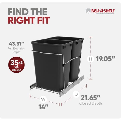 Rev-A-Shelf Double Pullout Garbage Trash Cans for Kitchen Cabinets, 35 Qt - color: Black