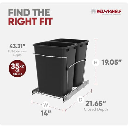 Rev-A-Shelf Double Pullout Garbage Trash Cans for Kitchen Cabinets, 35 Qt - color: Black