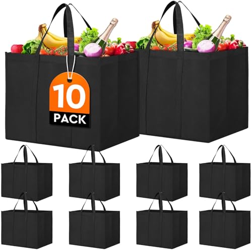 Reusable Grocery Shopping Bags 10 Pack Large Foldable Tote Bags Bulk - color: Black