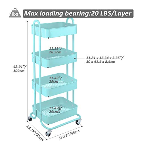Melody House 4-Tier Metal Mesh Utility Rolling Cart Storage Organizer Shelf Rack with Lockable Wheels for Living Room Kitchen Office, Turquoise - color: B-turquoise