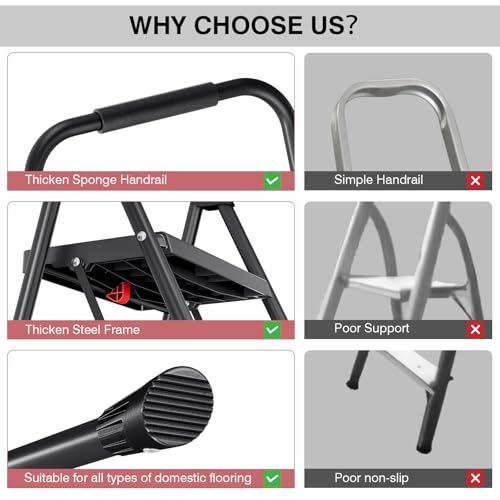TOOLF 3 Step Ladder, Folding Steel Step Ladder with Handrail, Black - size: 3 Step Ladder