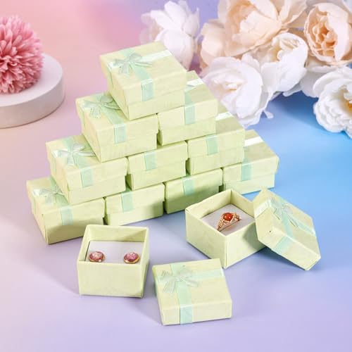 Craftdady 12Pcs Square Ring Jewelry Boxes 1.59 x 1.59x 1.02 Inch Cardboard Earring Necklace Pendant Present Jewelry Boxes with Bowknot Small Packing Boxes for Bracelet Jewelry Display (Light Green) - color: Light Green