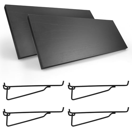 Wood Pegboard Shelves with Brackets 2 Pack Peg Board Wall Storage (Black) - color: Black