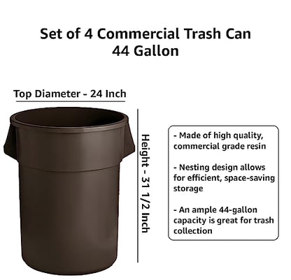 Set of 4 Round Commercial Trash Can 44 Gallon, Industrial Recycling Bin, Durable Garbage Can, Safe Food Container, Ingredient Bin (Brown) - color: Brown