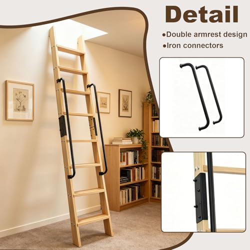 9.8FT Solid Wood Rolling Library Ladder, Industrial Style Loft Ladder with Double Handrails, 9 Steps Attic Ladder, 660LBS High Capacity, for Attic, Warehouse, Library, Bookshelf, Kitchen (9.8ft) - size: 9.8ft