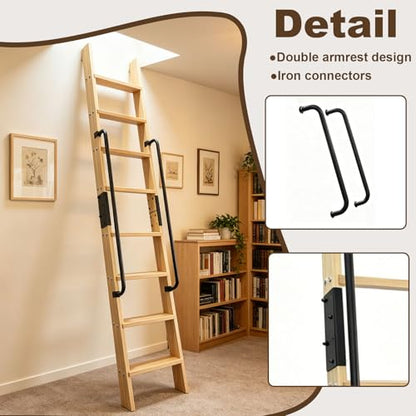 8.8FT Solid Wood Rolling Library Ladder, Industrial Style Loft Ladder with Double Handrails, 8 Steps Attic Ladder, 660LBS High Capacity, for Attic, Warehouse, Library, Bookshelf, Kitchen (8.8ft) - size: 8.8ft