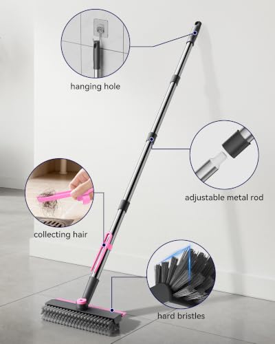 3 in 1 Adjustable Small Floor Scrub Brush with Long Handle Pink - color: Pink
