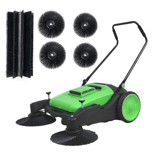43" Walk-Behind Hand Push Floor Sweeper, 15 Gallon Waste Container, 46000 Sq Ft/H Efficiency, Angle & Height Adjustable Folding Handle for Yard, Garage, Patio & Walkway Cleaning - color: Green