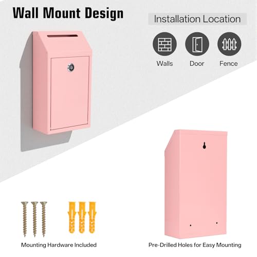 Sumerfnt Locking Cash Box with Slot, Metal Money Donation Box with Lock and 4 Keys Wall Mount, Cash Drop for Farm Stand, Self-Serve Stand, Tips, Fundraising, Pink - color: Pink