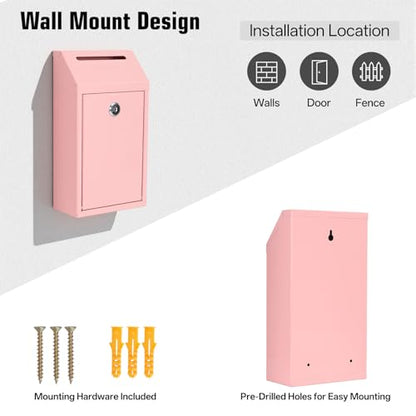 Sumerfnt Locking Cash Box with Slot, Metal Money Donation Box with Lock and 4 Keys Wall Mount, Cash Drop for Farm Stand, Self-Serve Stand, Tips, Fundraising, Pink - color: Pink